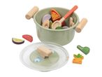 Toy cooking pot with wooden vegetables and spoon, with a clear lid beside it.