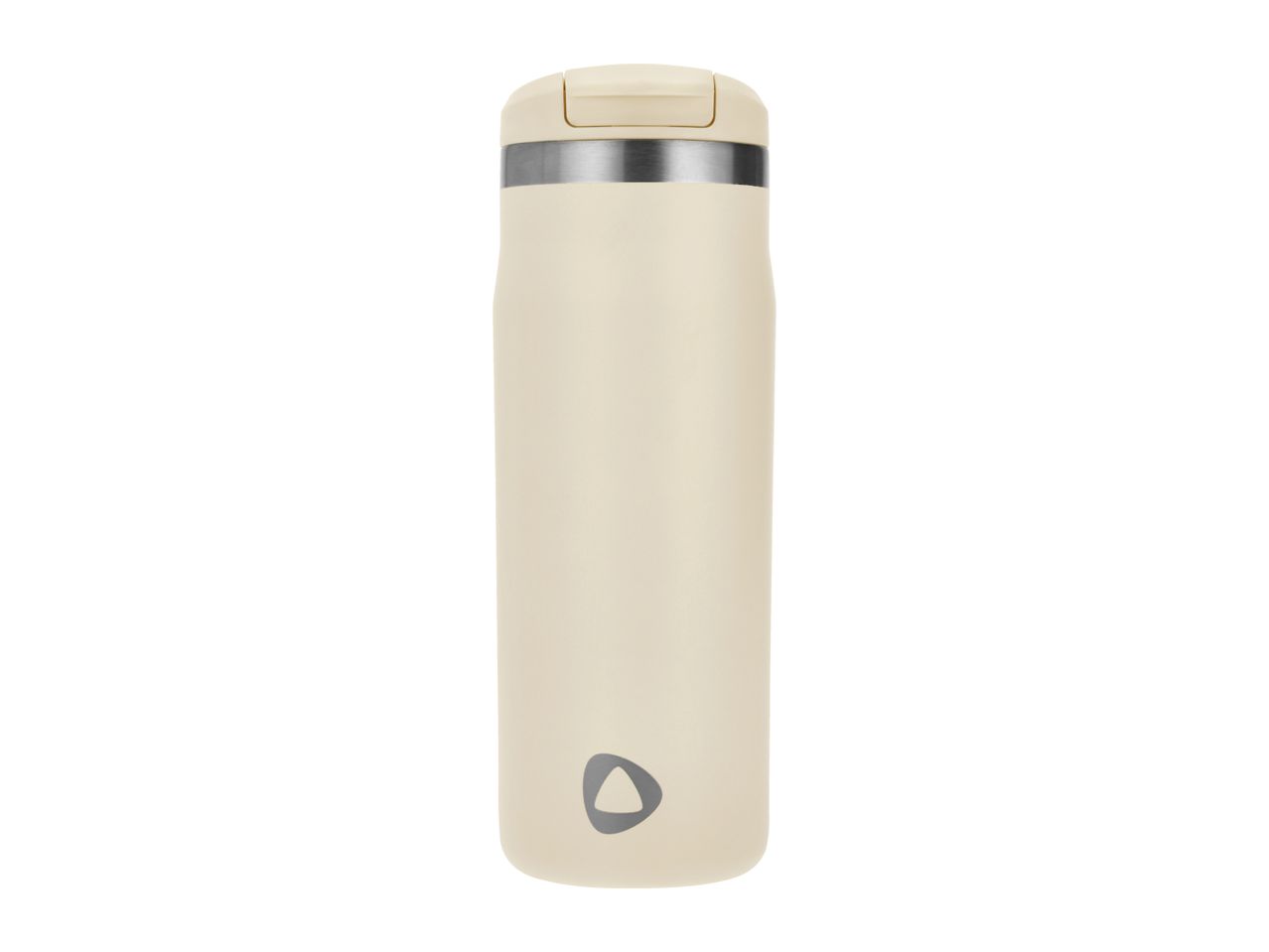 Cream-colored travel mug with a silver band and a dark grey triangular logo.