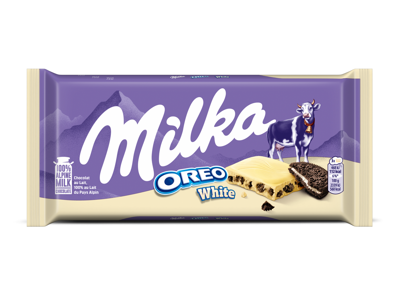 Witte chocoladereep met stukjes cacaobiscuit en een romige vulling.