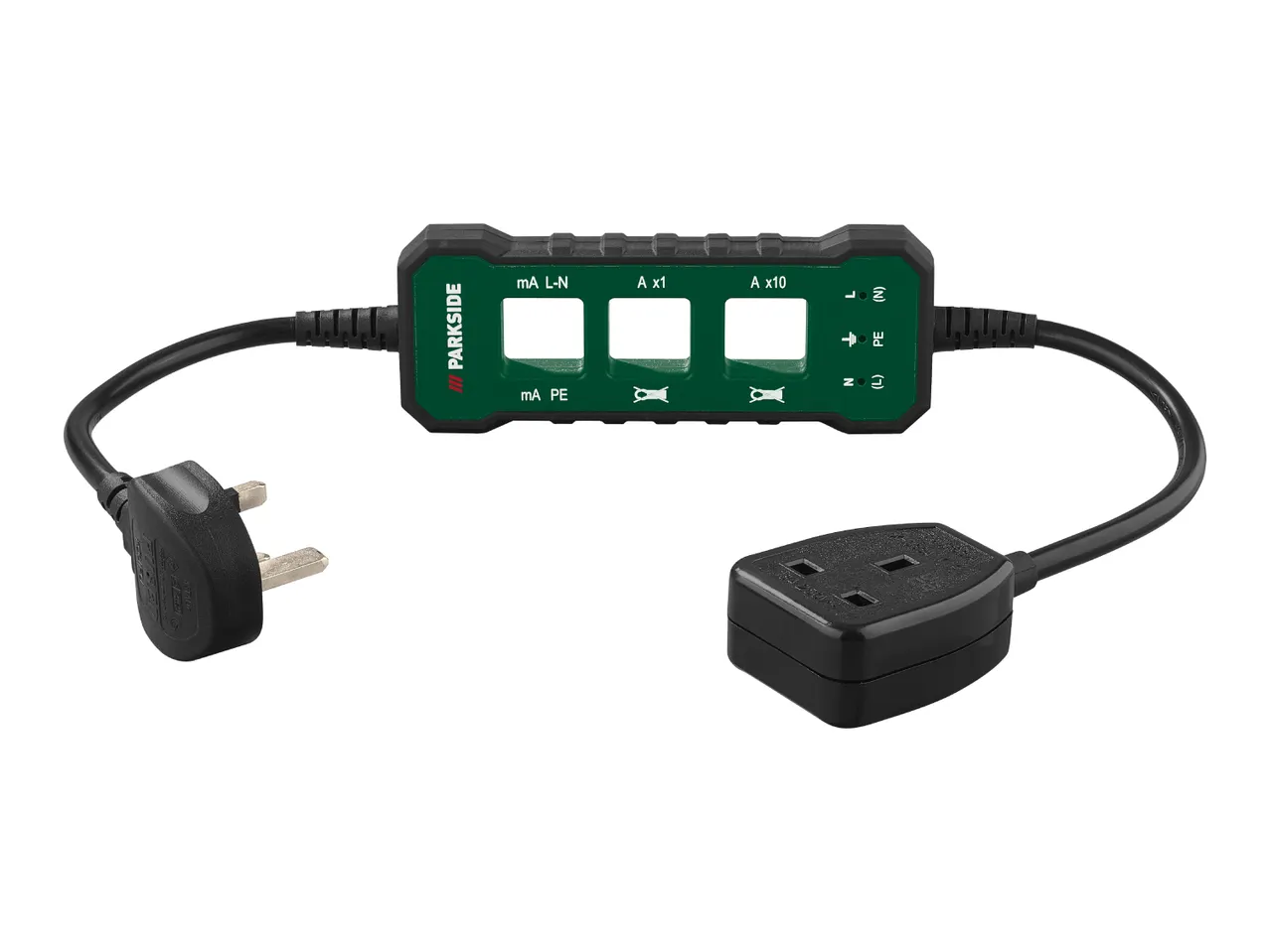 A green and black electrical testing device with a UK plug and socket.