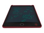 Red drawing tablet with green doodles of a flower, sun, stars, butterfly, and letters.