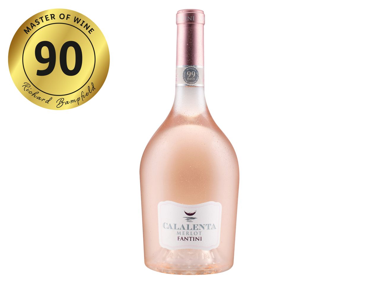 A bottle of Calalenta Merlot Fantini wine with a 90-point Master of Wine rating and a 99-point Luca Maroni rating.