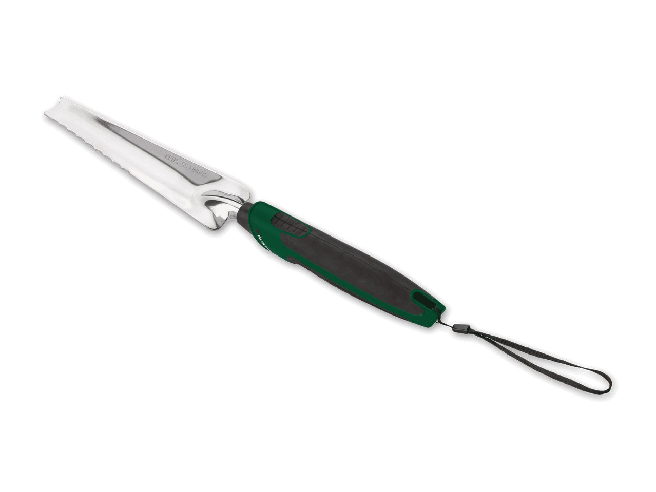 Gartenspaten aus Edelstahl mit grün-schwarzem Griff und Handschlaufe