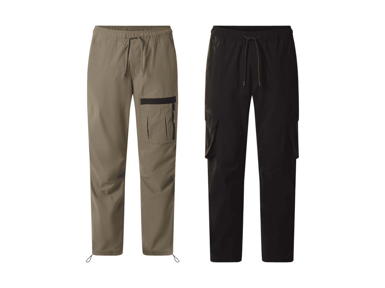 Deux pantalons cargo pour hommes, un kaki et un noir, avec cordon de serrage à la taille et poches latérales.