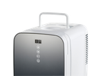 White portable mini fridge with digital display.
