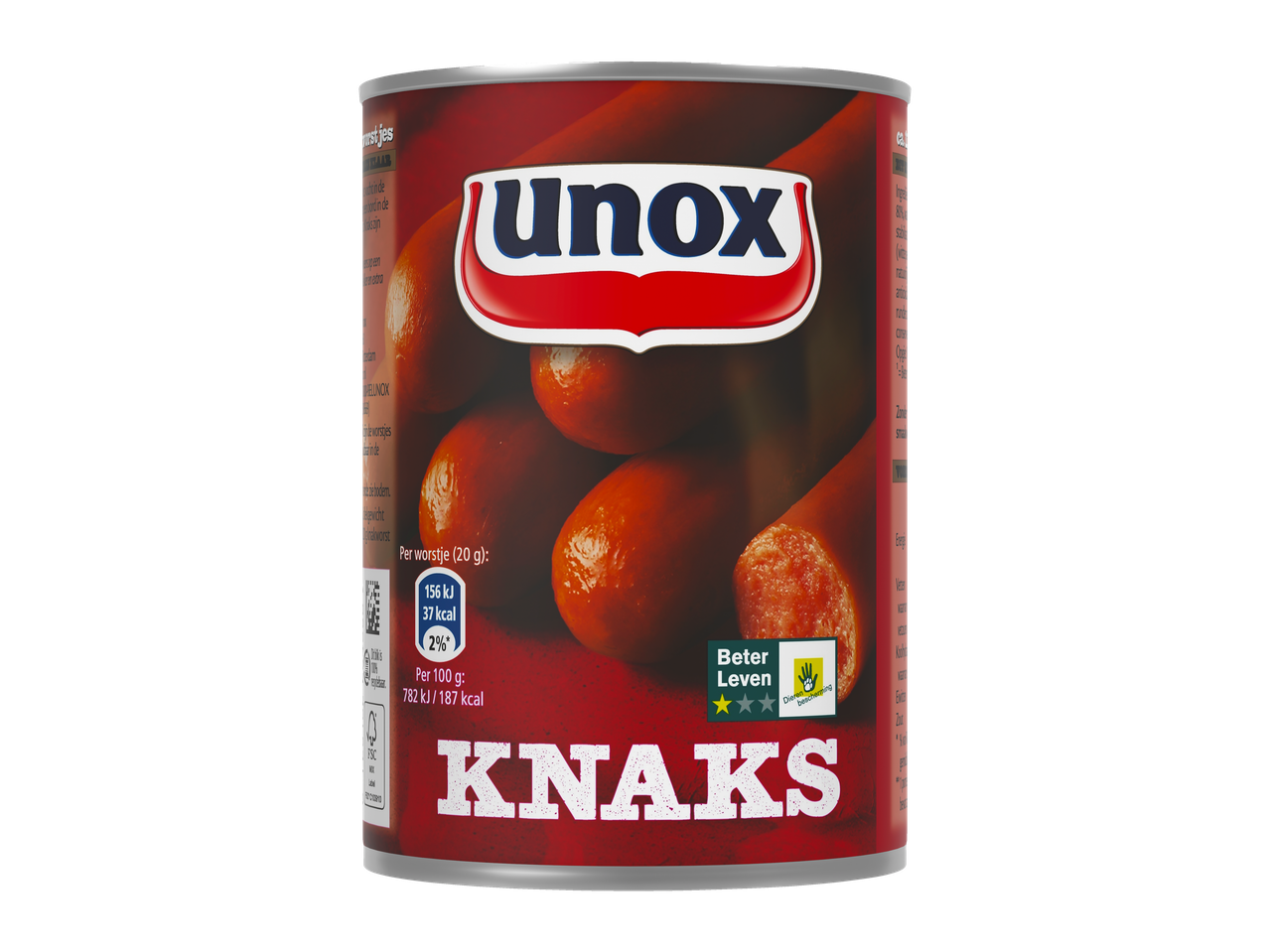 Blik Unox Knaks knakworsten met Beter Leven keurmerk.