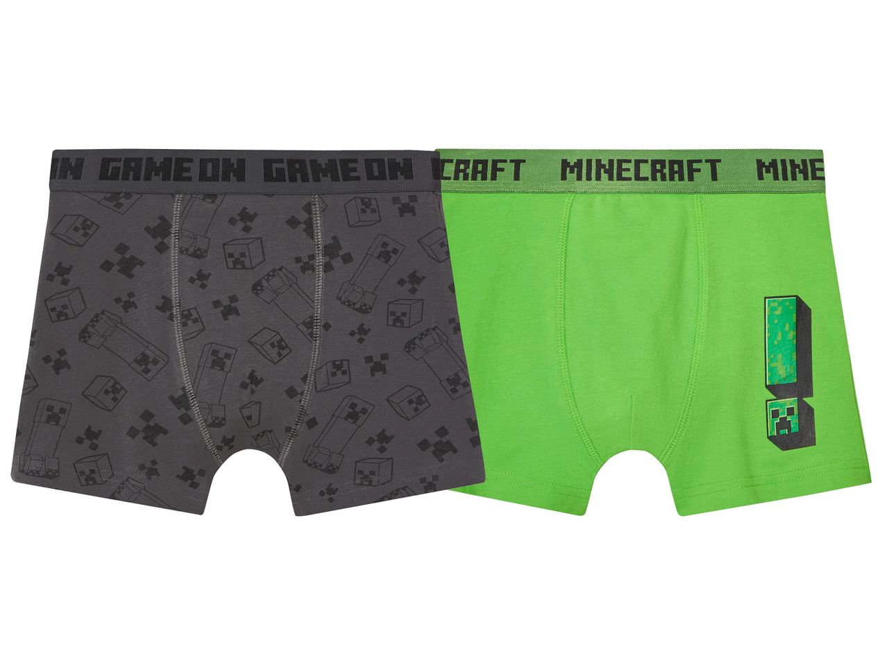 Два чифта боксерки Minecraft, едните сиви с шарка, другите зелени с щампа на Creeper.