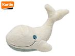 Karlie plush whale toy, cream-colored with teal accents.