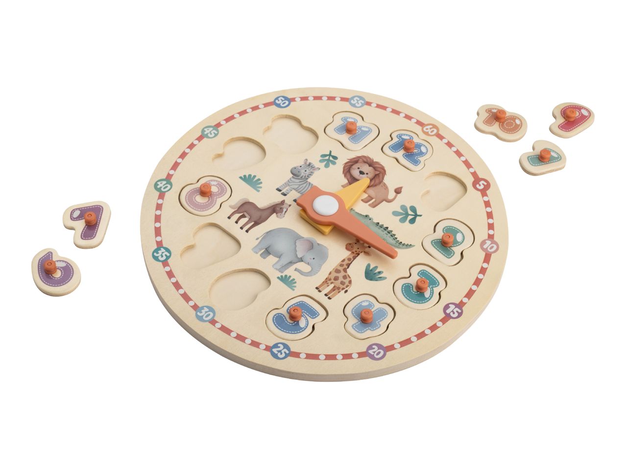 Wooden clock puzzle with animal illustrations and numbered pieces.