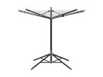 A black and gray rotary clothesline with a tripod base.
