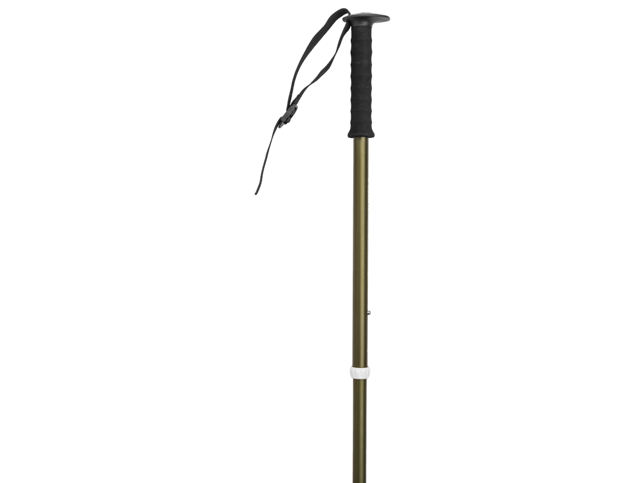 A green walking stick with a black handle and strap.