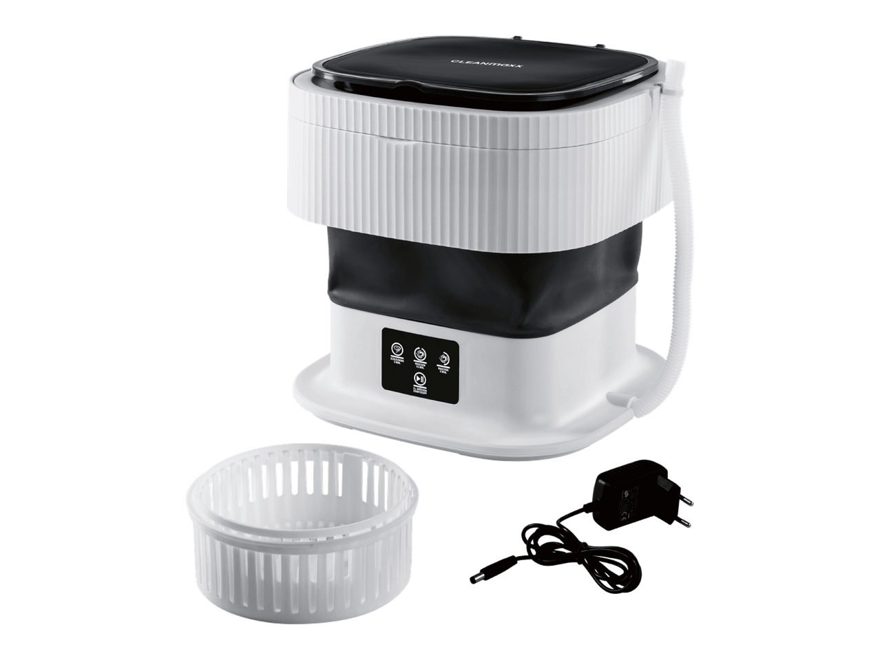 Kannettava, kokoontaitettava pesukone, jossa on valkoinen kori ja virtalähde.