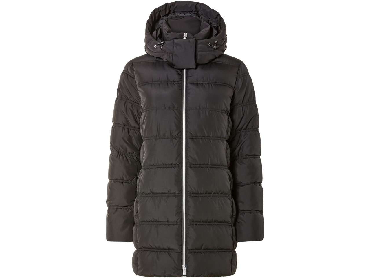 esmara® moteriškas šiltas dygsniuotas paltas juodos spalvos su gobtuvu ir baltu užtrauktuku