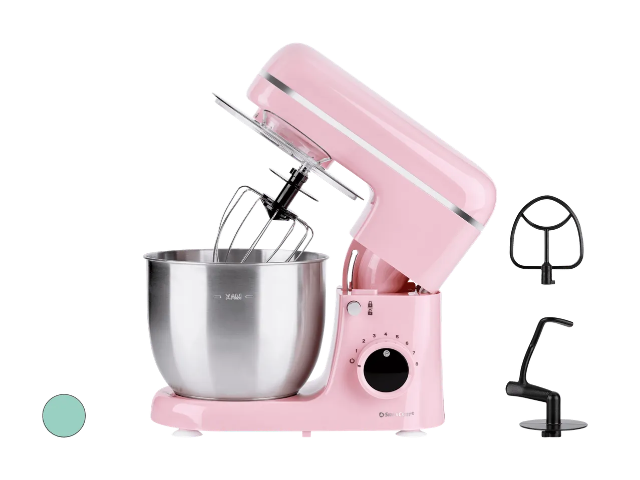 Impastatrice planetaria rosa SilverCrest con ciotola in acciaio inossidabile e vari accessori.