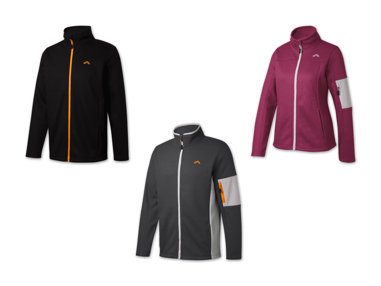 Drei Fleecejacken in Schwarz, Grau und Magenta mit Reißverschlüssen und Logos.