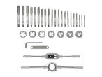 A tap and die set with various sizes of taps, dies, and handles for threading.