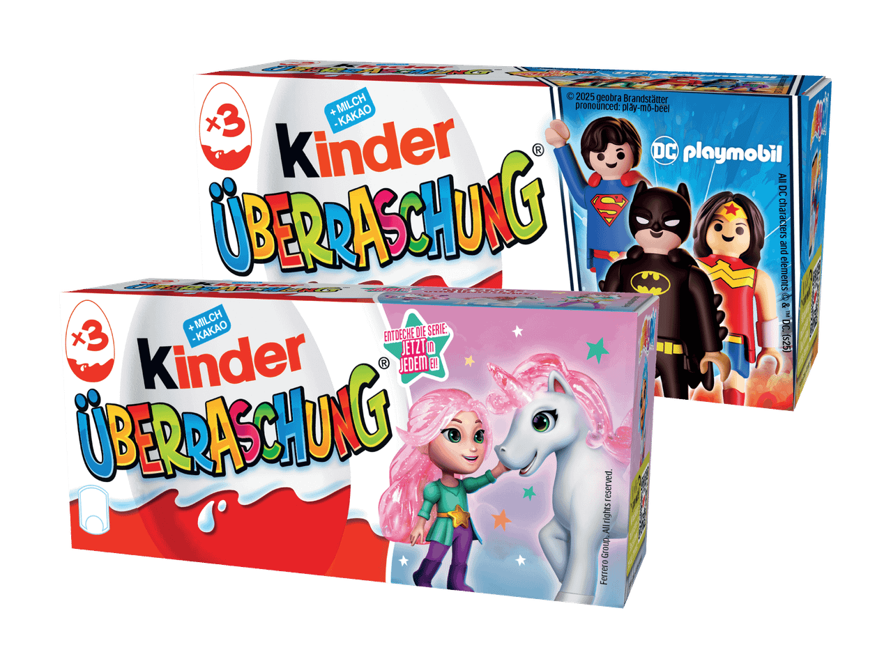 Zwei 3er-Packungen Kinder Überraschungseier mit Playmobil DC Superhelden und Einhorn-Motiv.