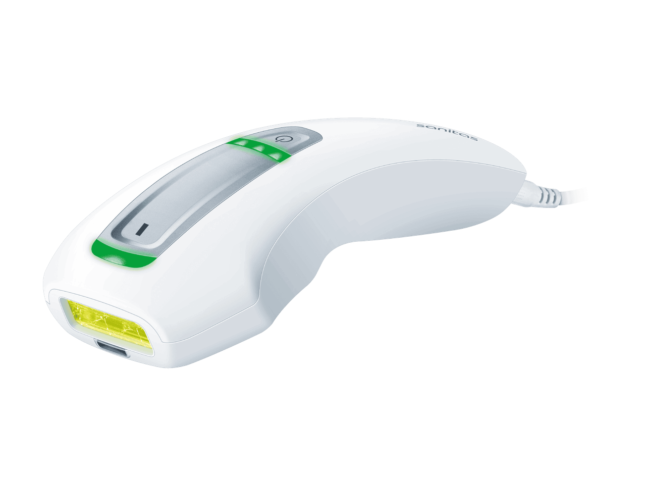 Épilateur à lumière pulsée blanc avec des accents verts et jaunes.