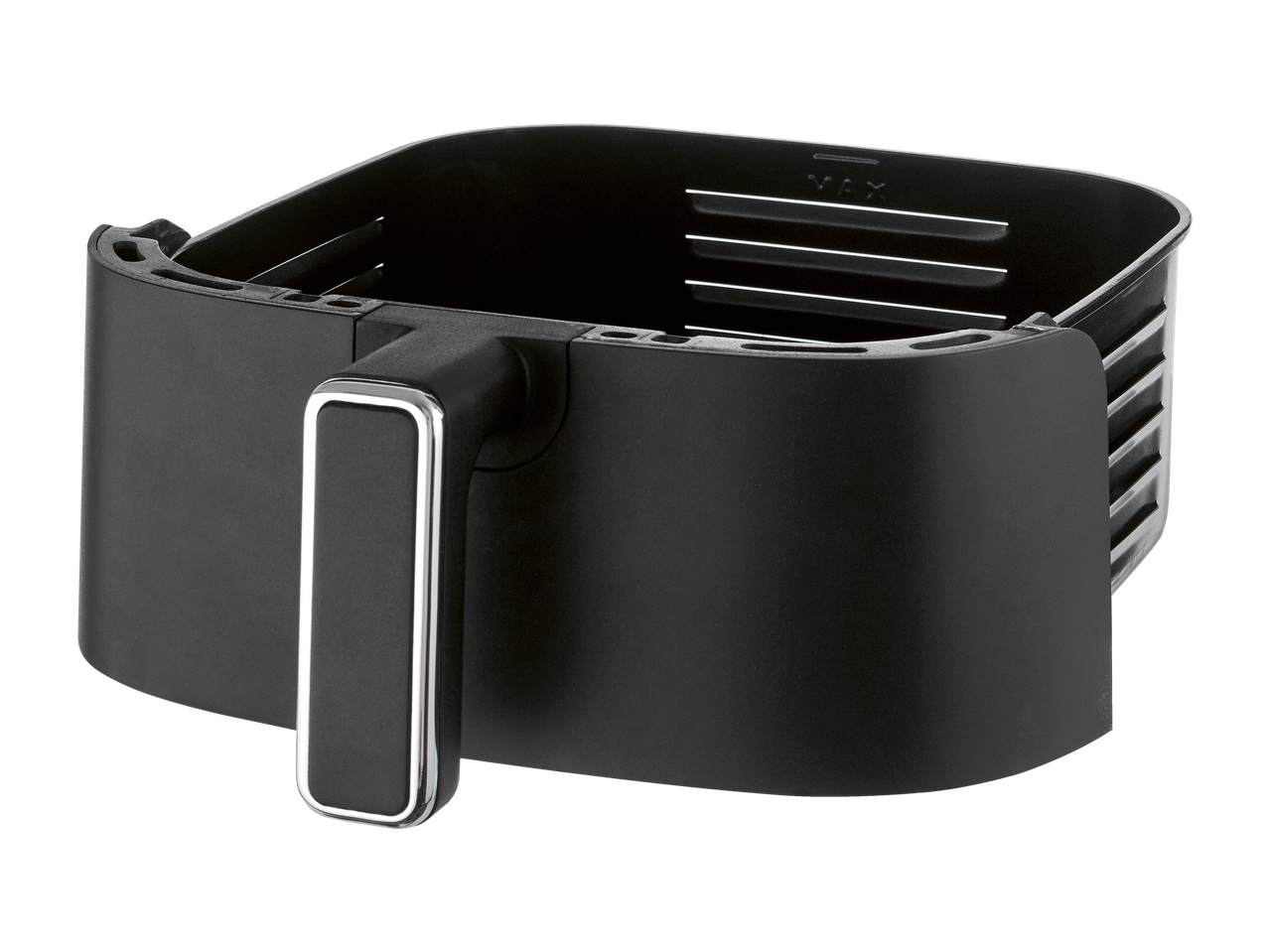 Crna korpa friteze na vruć vazduh sa ručkom, prikazuje unutrašnjost sa indikatorom „MAX“.