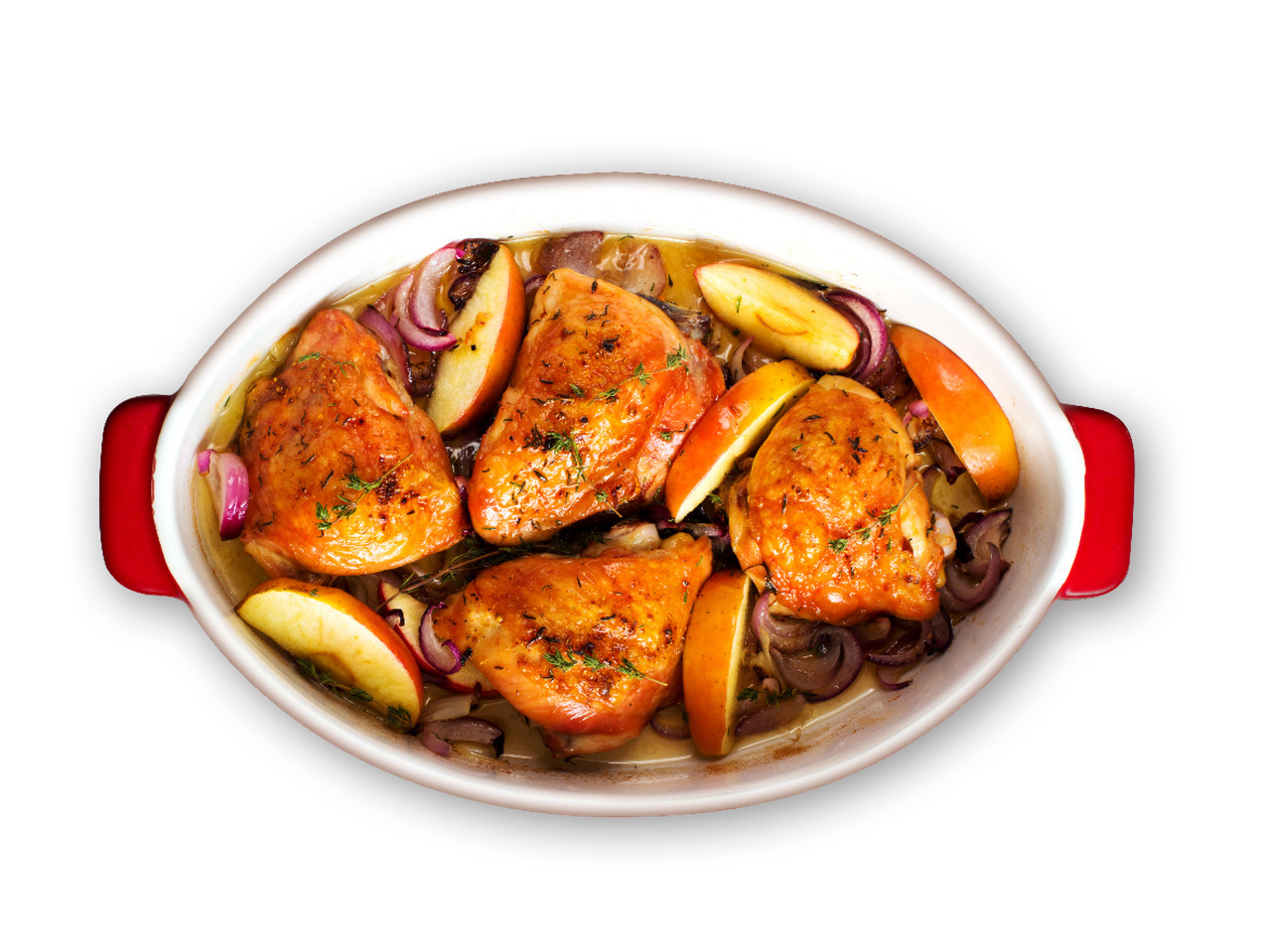 Küpsetatud kana õunte ja punase sibulaga valges ahjuvormis