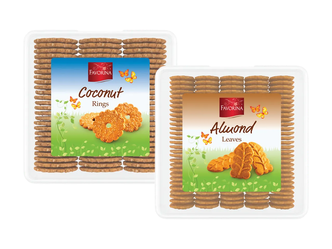 Dva pakovanja keksa, kokosovi prstenovi i bademovi listići, sa ilustracijama leptira i lišća.