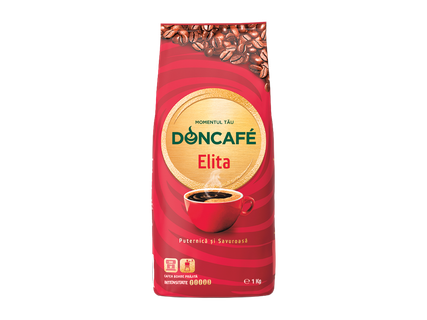 Pachet de cafea boabe prăjită, roșu, cu o ceașcă de cafea și textul 'Puternică și Savuroasă'.