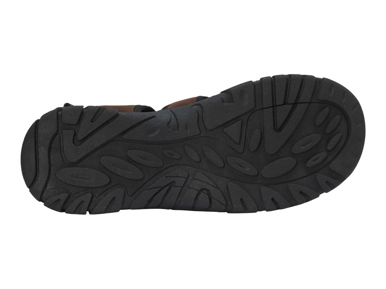 Bottom view of a black and brown men's sandal with a textured sole