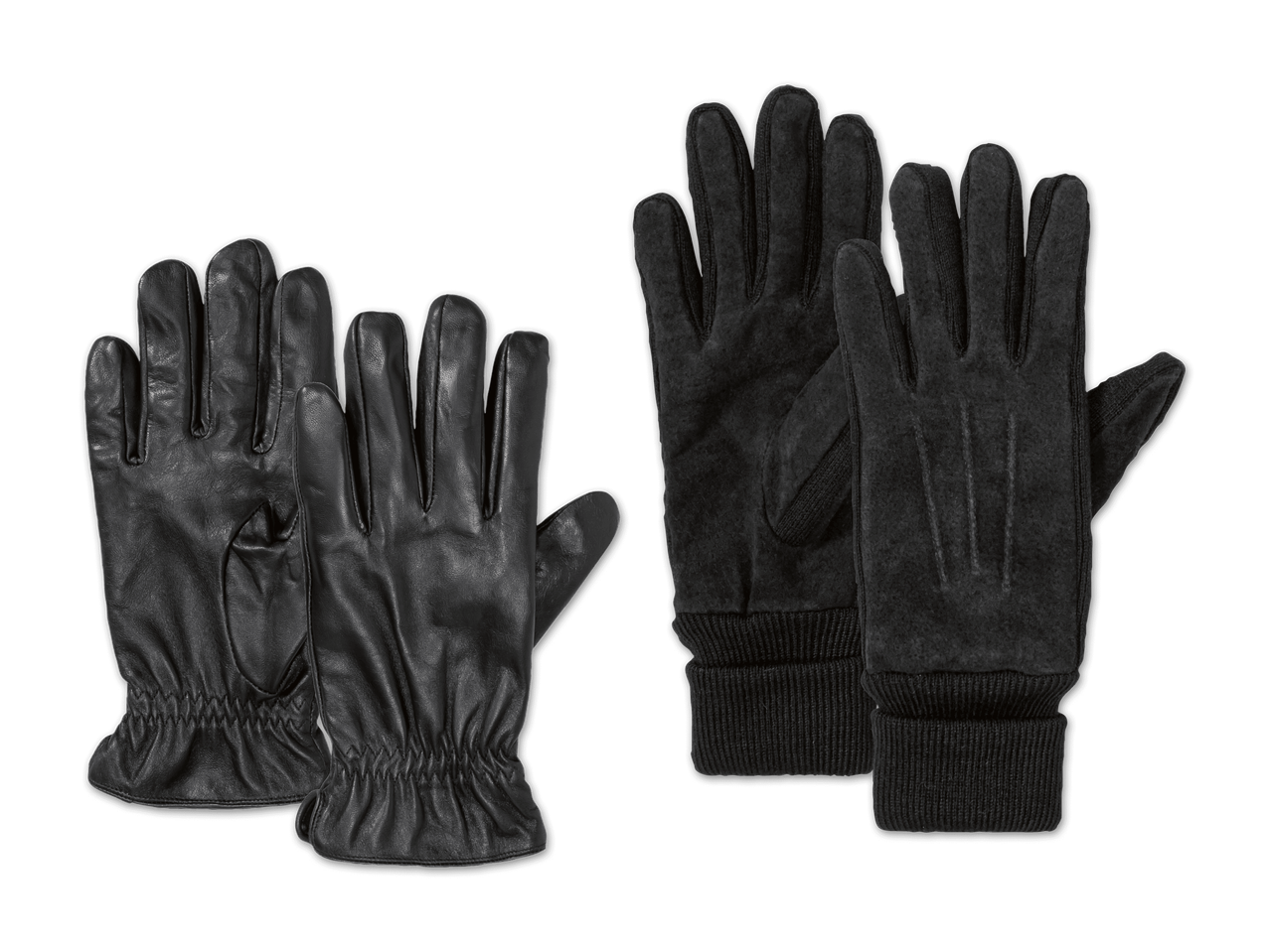 Zwei Paar schwarze Handschuhe, eines aus Leder und eines aus Wildleder.