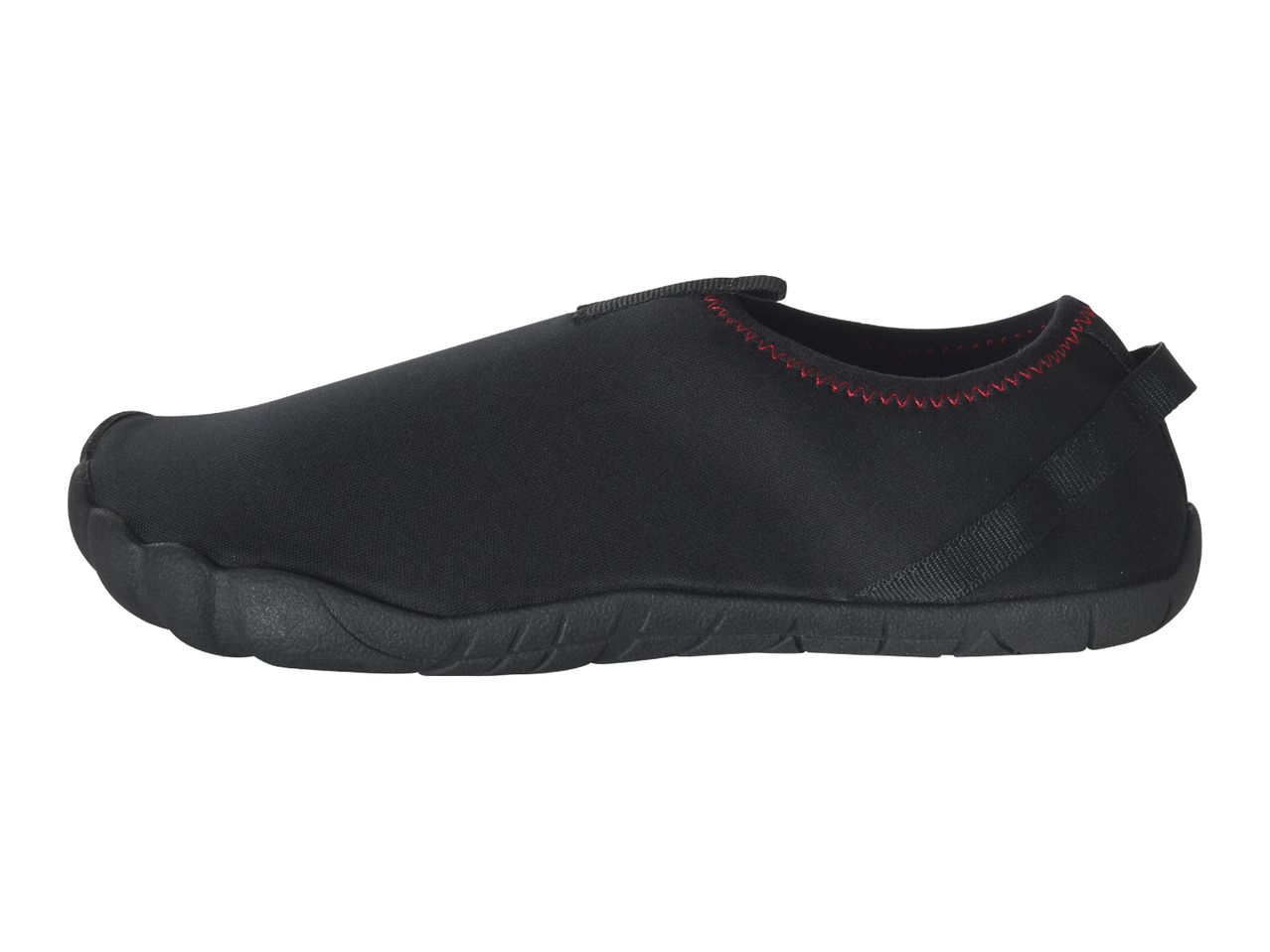 Black water shoe with red stitching and a pull tab on the heel.