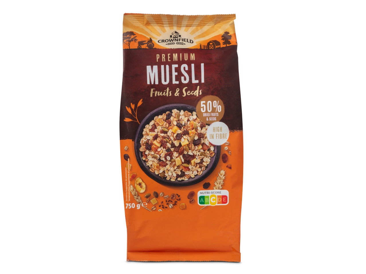 Crownfield Premium muesli met fruit & zaden; 50% gedroogd fruit & zaden.