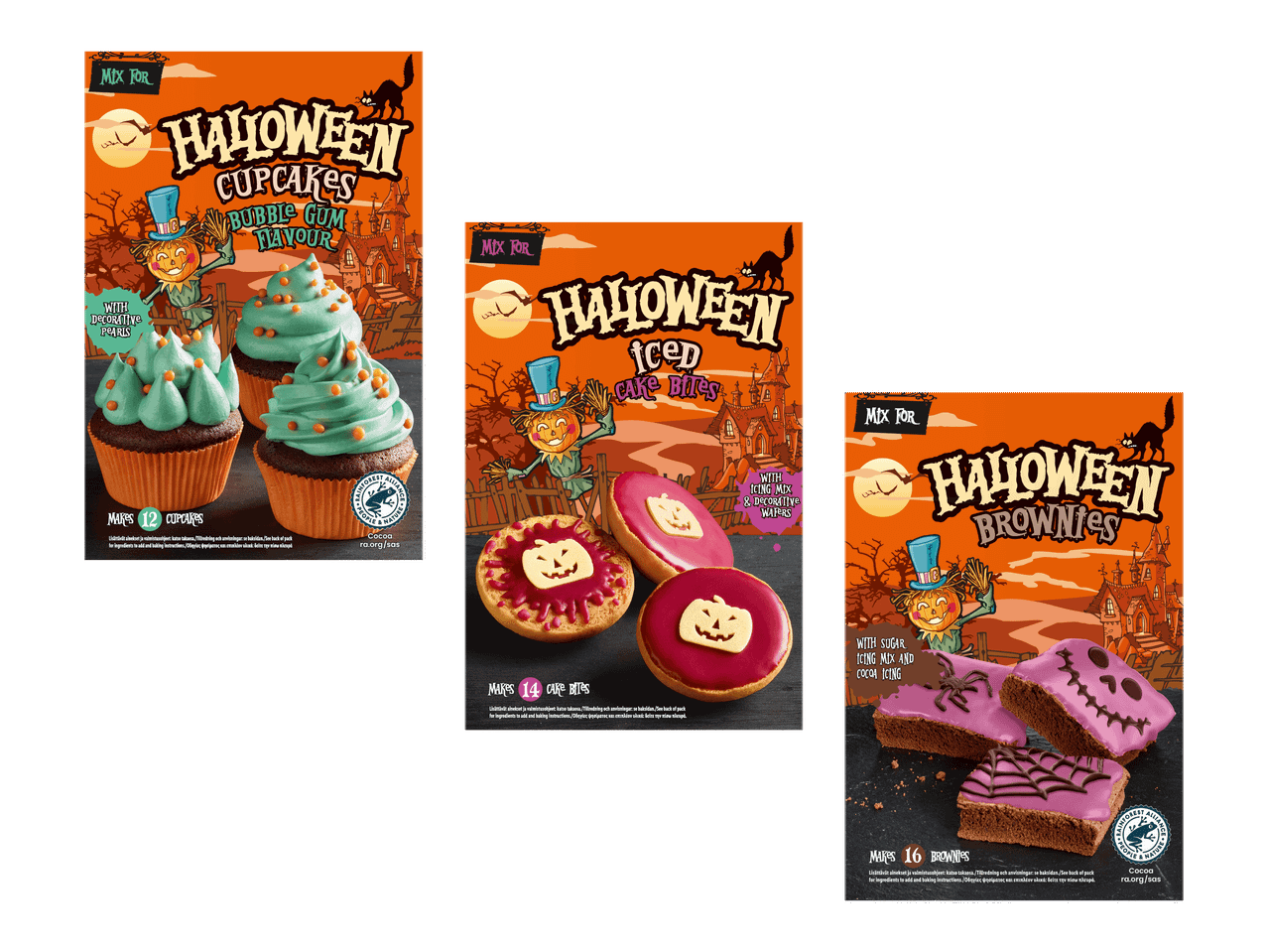 Kolme Halloween-leivontasekoitusta: kuppikakut, kakkupalat ja browniet oransseissa pakkauksissa.