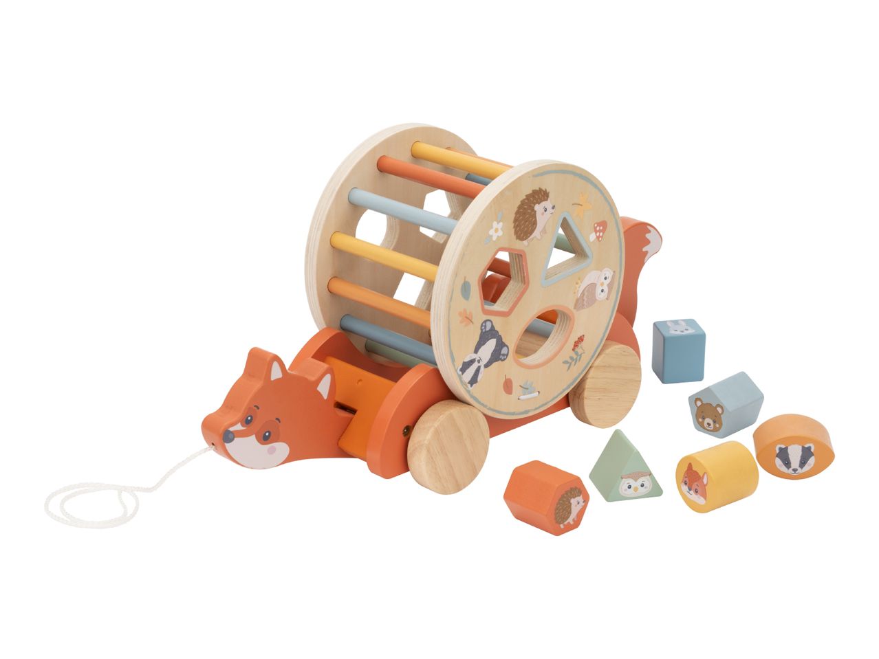 Wooden fox pull-along toy with shape sorter and forest animal blocks.