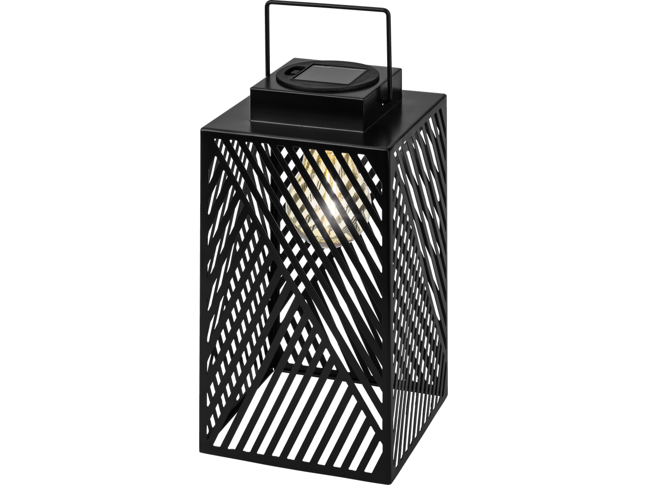 Crni LED solarni fenjer sa geometrijskim dizajnom i osvetljenom sijalicom
