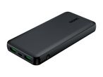 Black power bank with multiple charging ports and a power button, angled view.