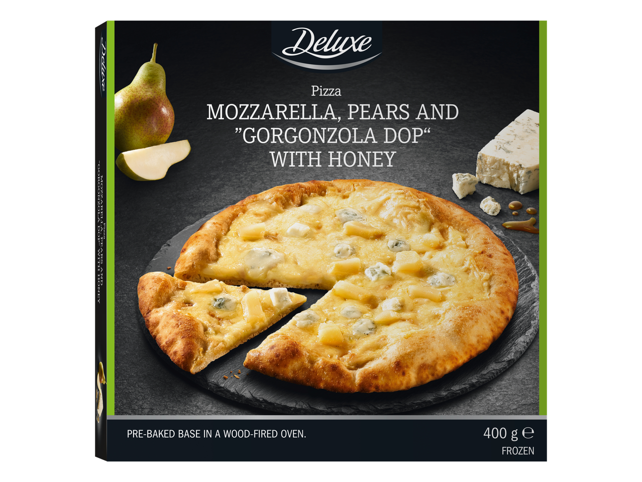 Pizza mozzarella, pirnide, Gorgonzola ja meega, mustal taustal.