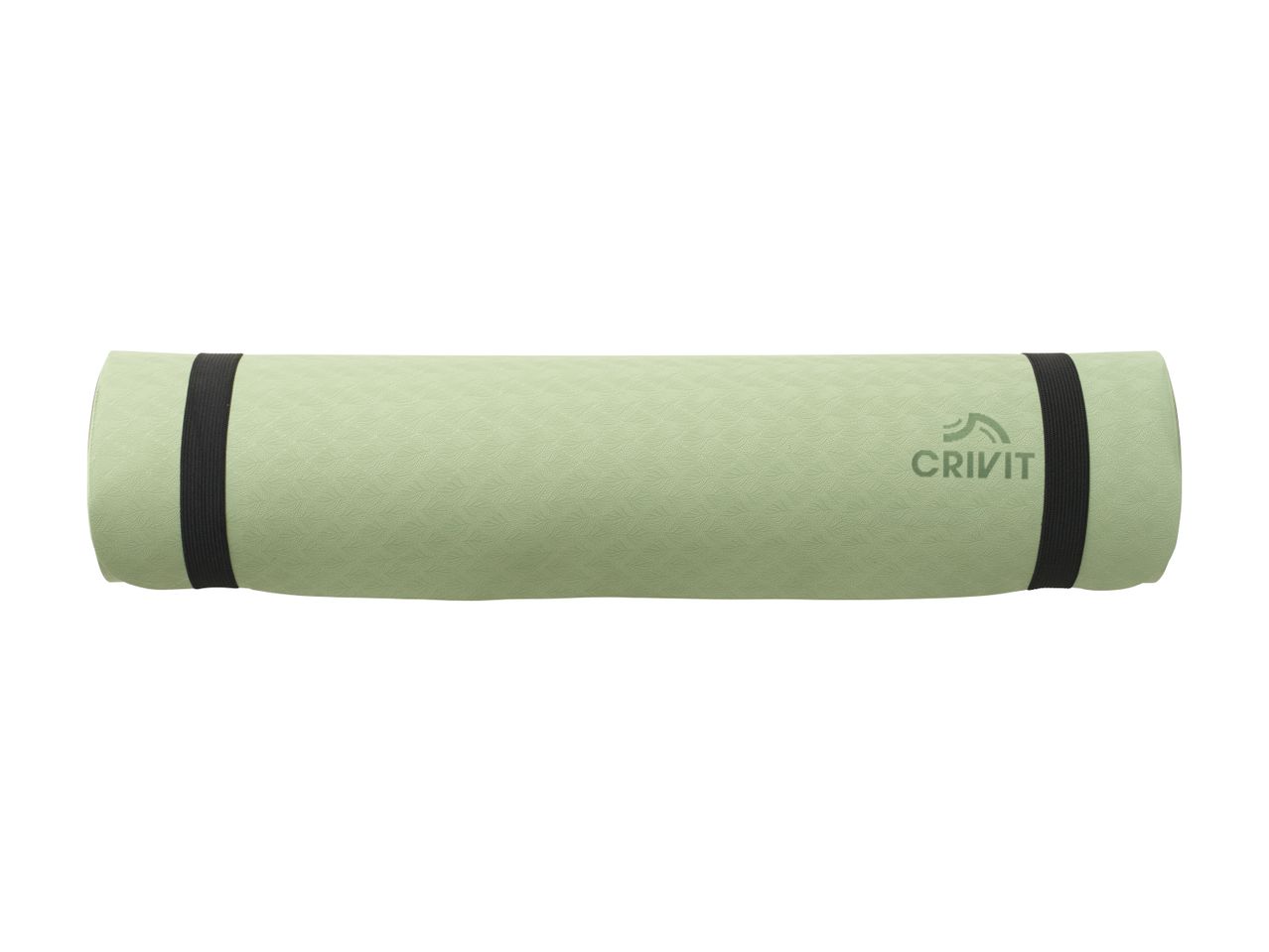 Rolled-up light green yoga mat with a textured surface and black elastic straps.