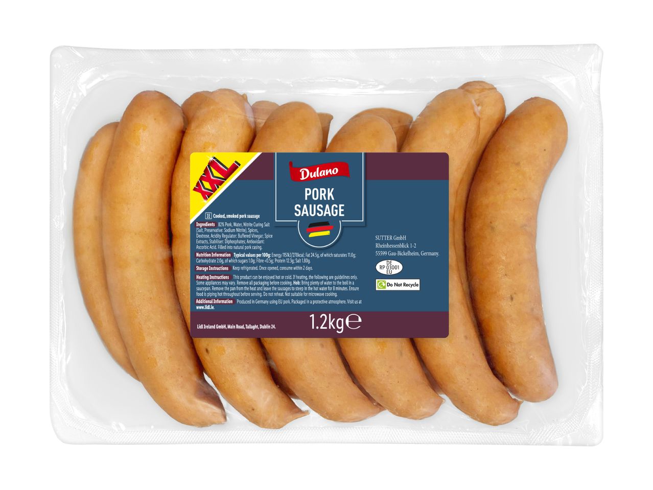 Pack of cooked, smoked pork sausages with nutritional information and heating instructions.