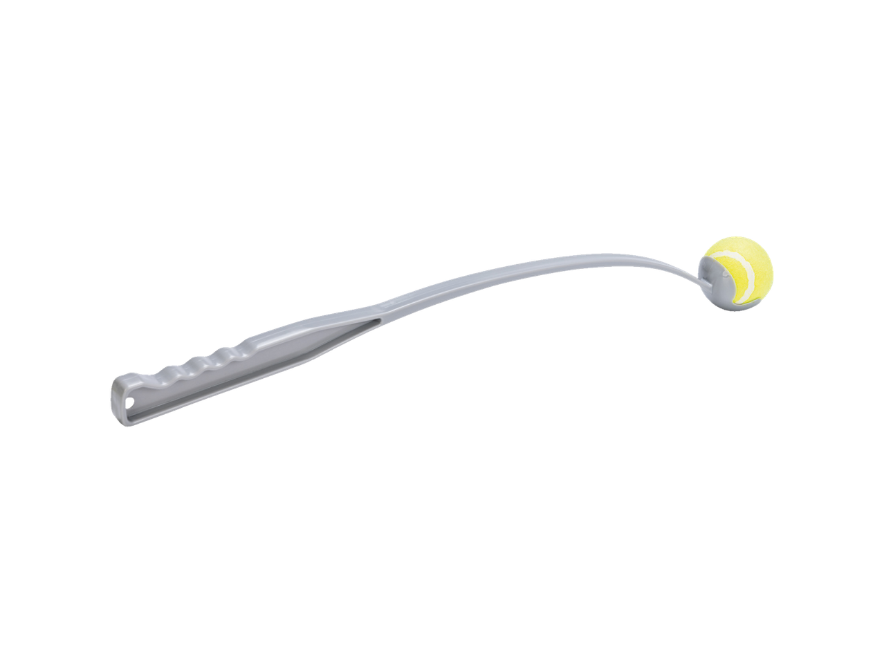 A grey plastic tennis ball retriever with a yellow tennis ball on the end.