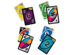 Mattel UNO playing cards: six colorful cards with numbers and symbols.