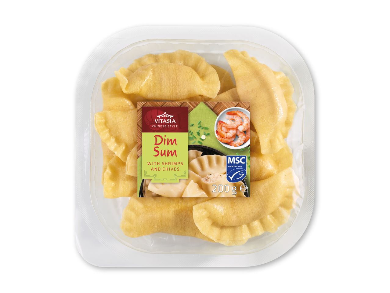 Dim Sum med rejer og purløg i en klar plastbakke, 200g.