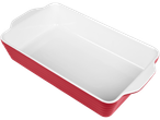Forma retangular para forno, vermelha com interior branco.