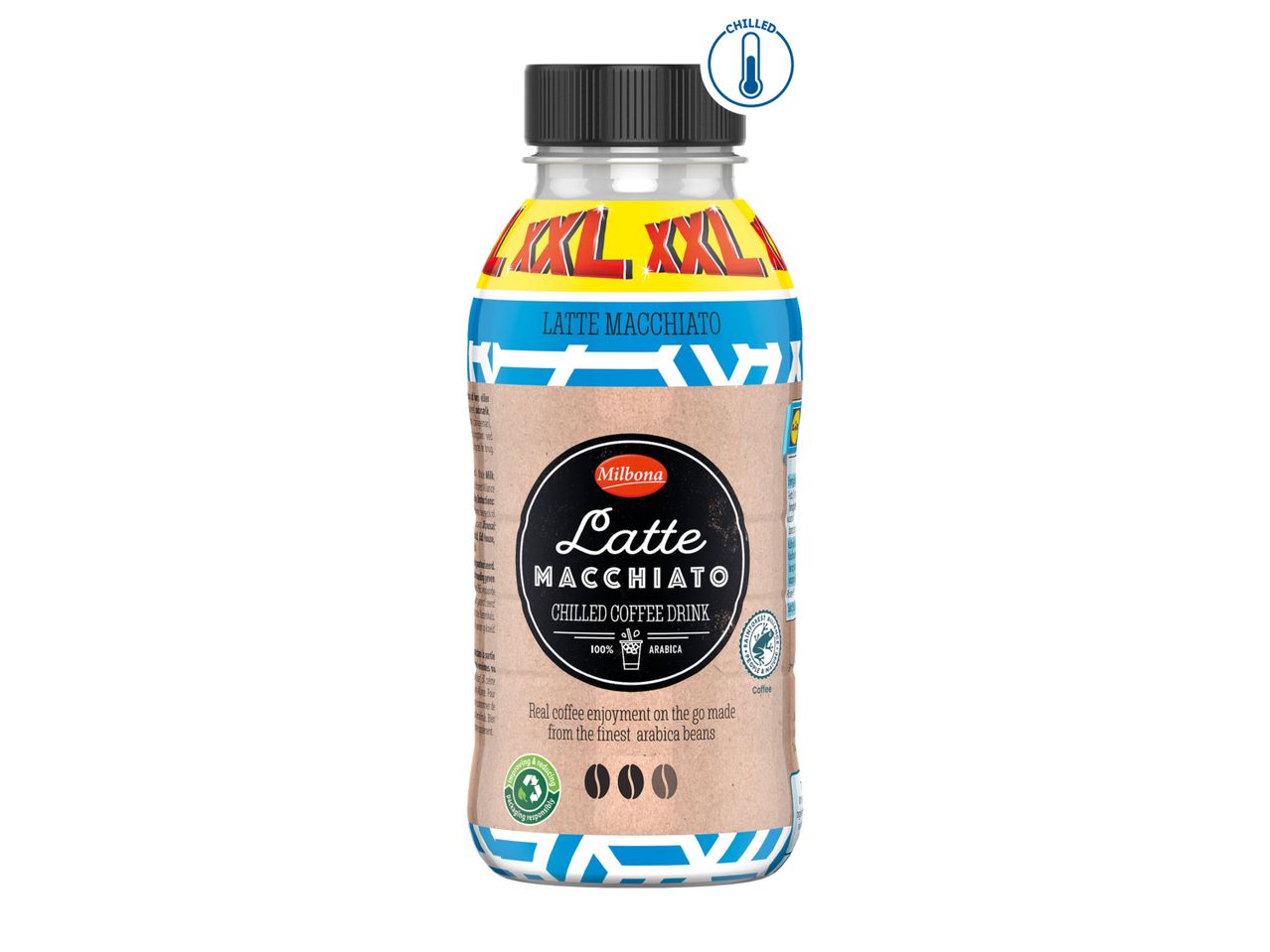 Milbona Latte Macchiato chilled coffee drink in a plastic bottle.