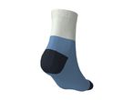 A single sock with a white cuff, blue body, and dark blue heel and toe.