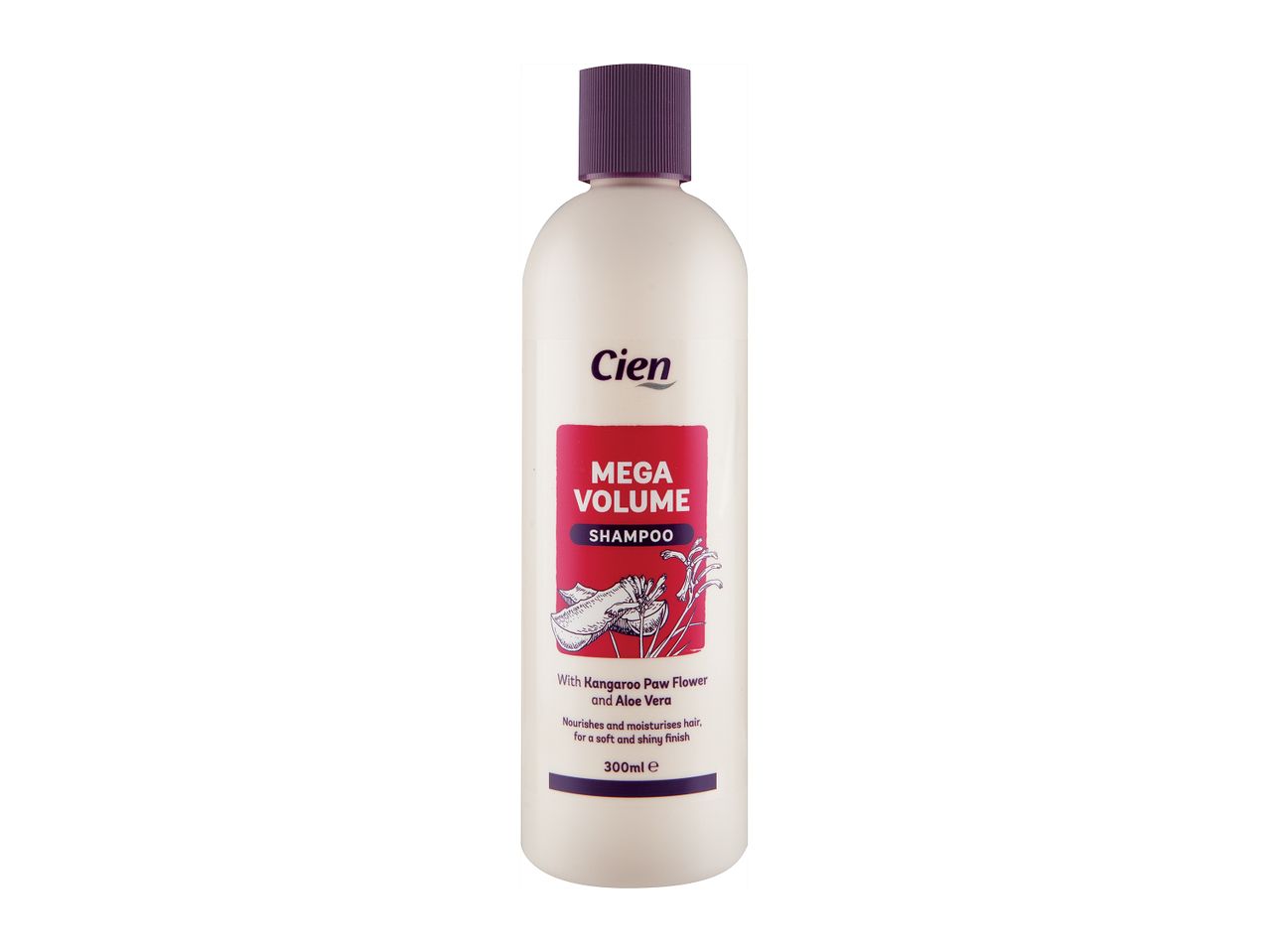 Cien Mega Volume shampoo: with Kangaroo Paw Flower and Aloe Vera.