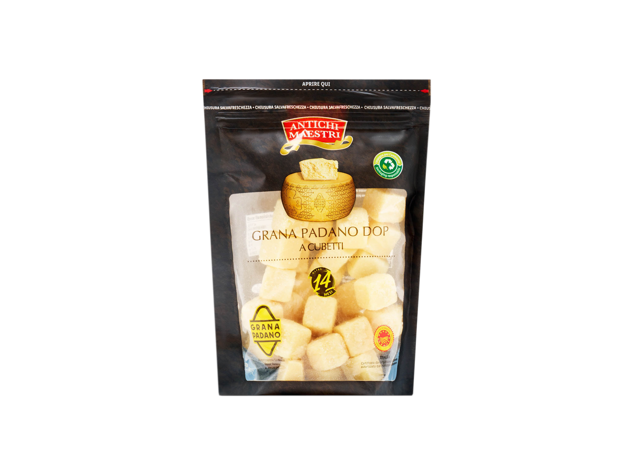 Confezione di cubetti di Grana Padano DOP a marchio Antichi Maestri.