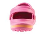 Pink children's clogs with an orange stripe.