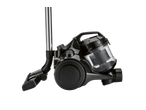 Black cylinder vacuum cleaner with a transparent dust container and a chrome telescopic tube