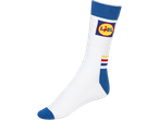 White sock with blue cuff and toe, featuring a yellow, red, and blue logo.