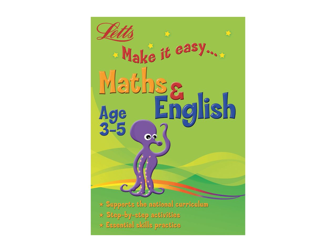 Children's educational book for Maths & English, age 3-5, with a purple octopus character.