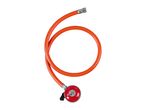 Orange gas hose with a red pressure regulator, featuring text like 'Propane' and 'EN16129/EN12864'.